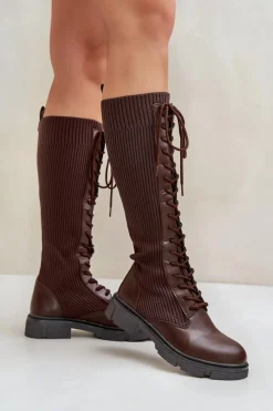 Outlet Boto Sznurowane Kozaki Z Elastyczną Cholewką Brązowe Vamilena