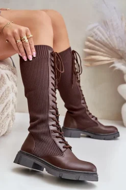 Outlet Boto Sznurowane Kozaki Z Elastyczną Cholewką Brązowe Vamilena