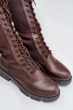 Outlet Boto Sznurowane Kozaki Z Elastyczną Cholewką Brązowe Vamilena