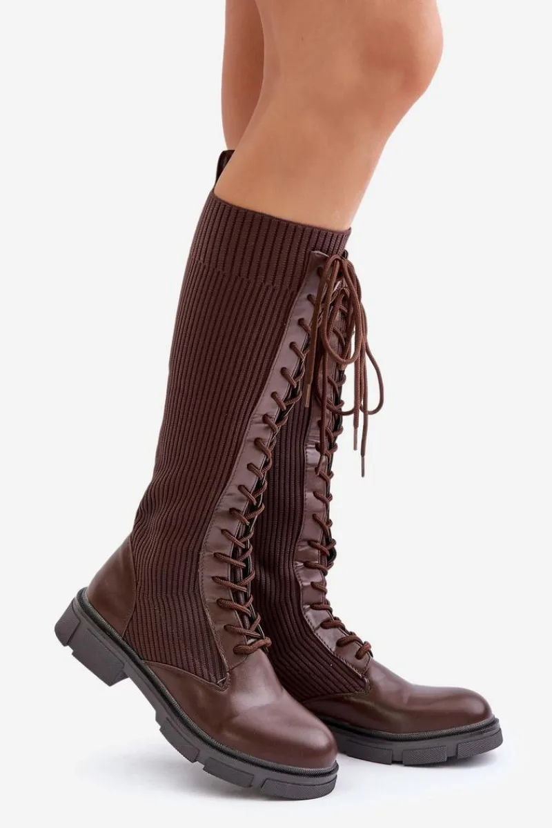 Outlet Boto Sznurowane Kozaki Z Elastyczną Cholewką Brązowe Vamilena