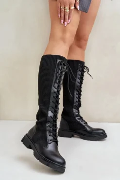 Clearance Sznurowane Kozaki Z Elastyczną Cholewką Czarne Vamilena Damskie Kozaki Ocieplane|Kozaki Wiosenne