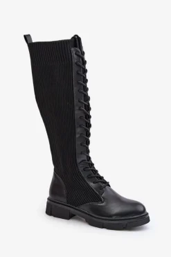 Clearance Sznurowane Kozaki Z Elastyczną Cholewką Czarne Vamilena Damskie Kozaki Ocieplane|Kozaki Wiosenne