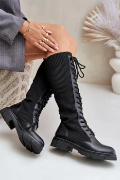 Clearance Sznurowane Kozaki Z Elastyczną Cholewką Czarne Vamilena Damskie Kozaki Ocieplane|Kozaki Wiosenne