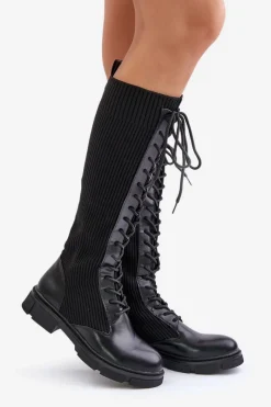 Clearance Sznurowane Kozaki Z Elastyczną Cholewką Czarne Vamilena Damskie Kozaki Ocieplane|Kozaki Wiosenne