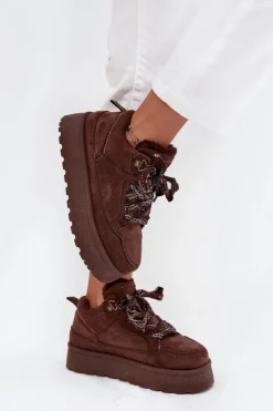 Sale Boto Sznurowane Śniegowce Damskie Na Platformie Ocieplane Futerkiem Brązowe Tavelle