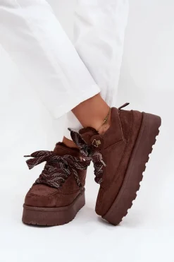 Sale Boto Sznurowane Śniegowce Damskie Na Platformie Ocieplane Futerkiem Brązowe Tavelle