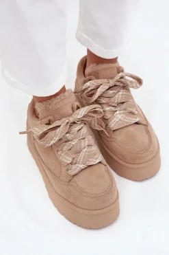 Śniegowce Damskie>Boto Sznurowane Śniegowce Damskie Na Platformie Ocieplane Futerkiem Beżowe Tavelle