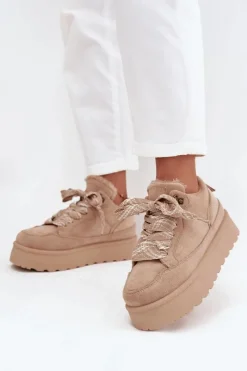 Śniegowce Damskie>Boto Sznurowane Śniegowce Damskie Na Platformie Ocieplane Futerkiem Beżowe Tavelle