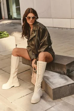 Clearance Boto Sznurowane Ocieplane Kozaki Glany Przed Kolano Beżowe Bergdis