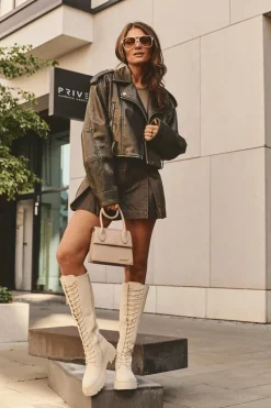 Clearance Boto Sznurowane Ocieplane Kozaki Glany Przed Kolano Beżowe Bergdis