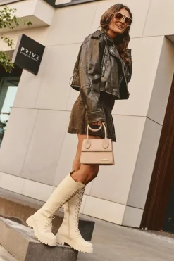 Clearance Boto Sznurowane Ocieplane Kozaki Glany Przed Kolano Beżowe Bergdis