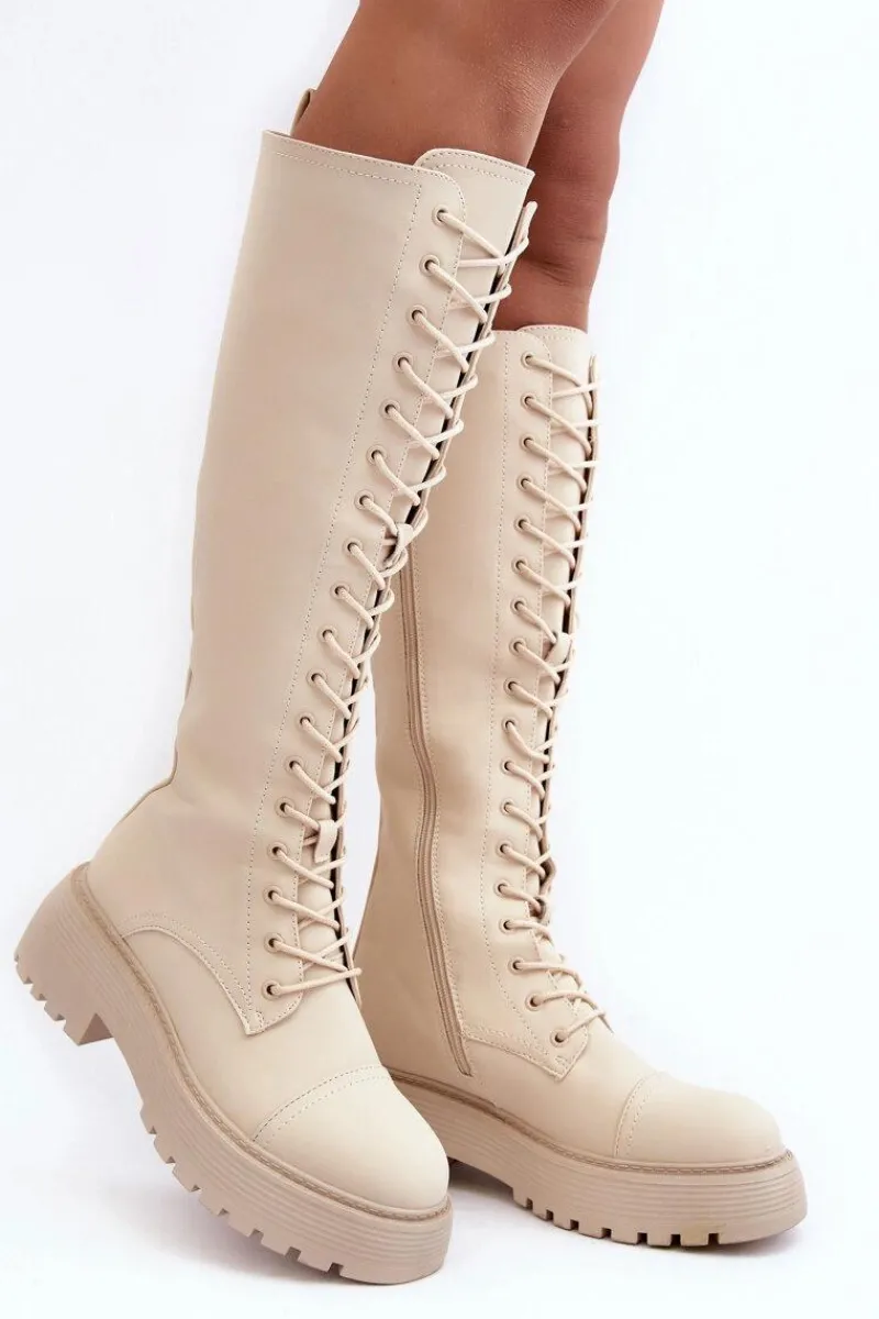 Clearance Boto Sznurowane Ocieplane Kozaki Glany Przed Kolano Beżowe Bergdis