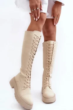 Clearance Boto Sznurowane Ocieplane Kozaki Glany Przed Kolano Beżowe Bergdis