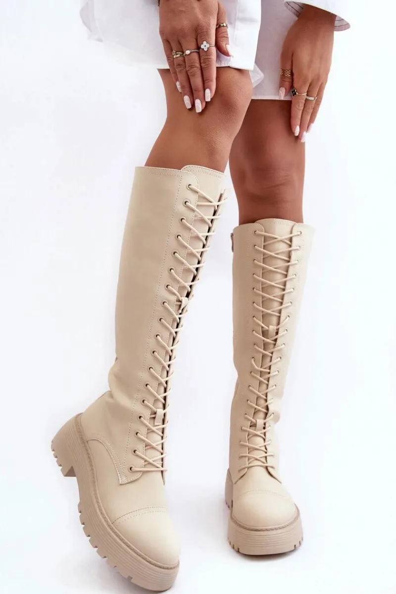 Clearance Boto Sznurowane Ocieplane Kozaki Glany Przed Kolano Beżowe Bergdis