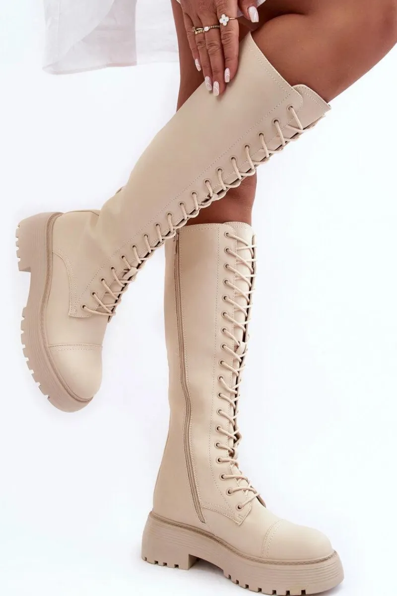 Clearance Boto Sznurowane Ocieplane Kozaki Glany Przed Kolano Beżowe Bergdis