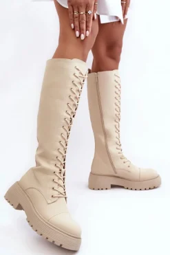 Clearance Boto Sznurowane Ocieplane Kozaki Glany Przed Kolano Beżowe Bergdis