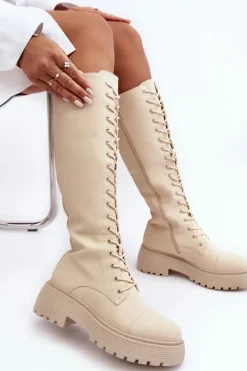 Clearance Boto Sznurowane Ocieplane Kozaki Glany Przed Kolano Beżowe Bergdis