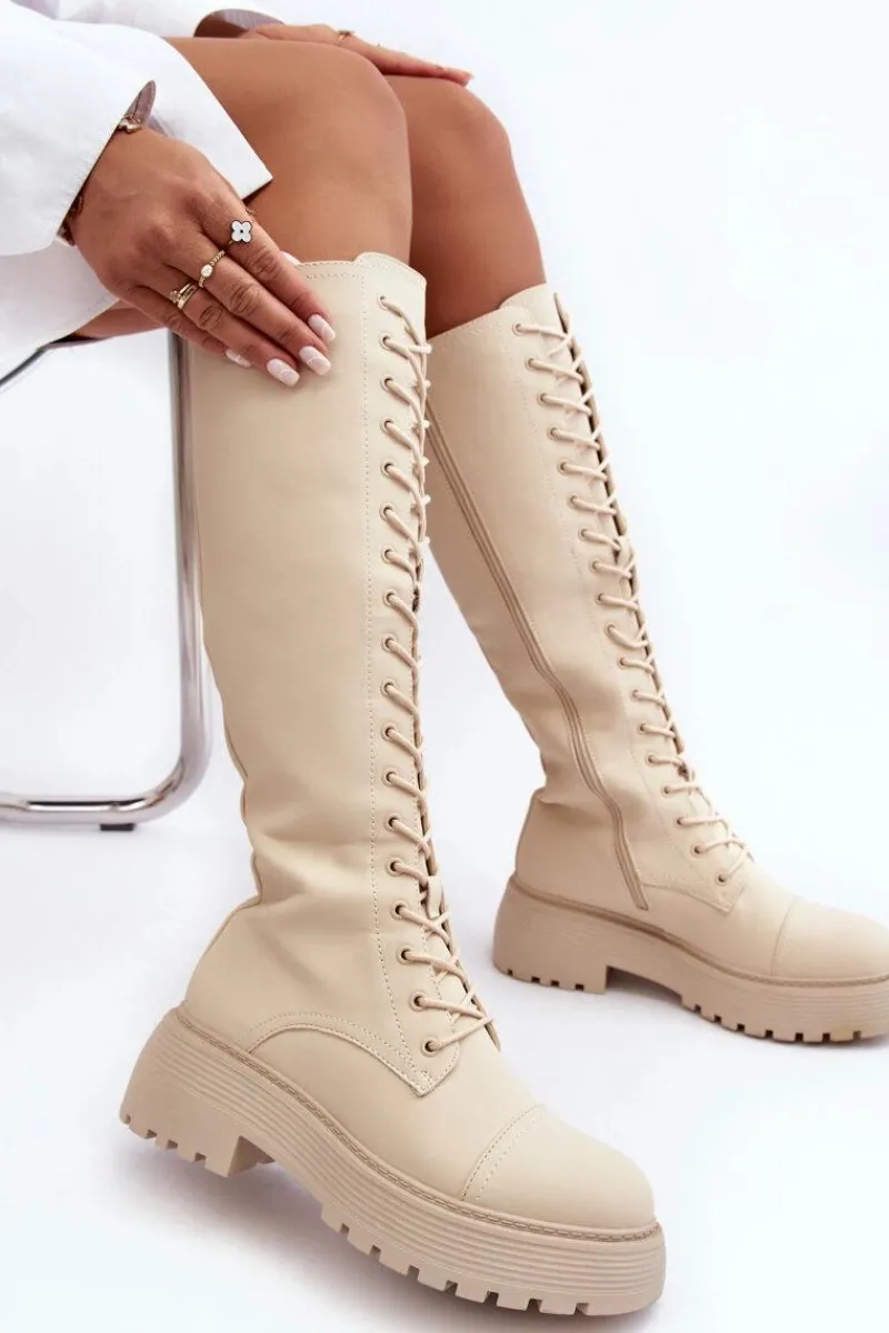 Clearance Boto Sznurowane Ocieplane Kozaki Glany Przed Kolano Beżowe Bergdis