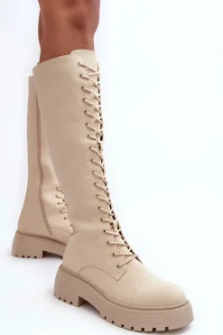 Clearance Boto Sznurowane Ocieplane Kozaki Glany Przed Kolano Beżowe Bergdis