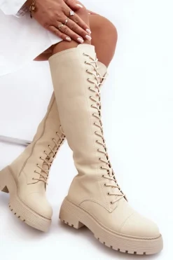 Clearance Boto Sznurowane Ocieplane Kozaki Glany Przed Kolano Beżowe Bergdis