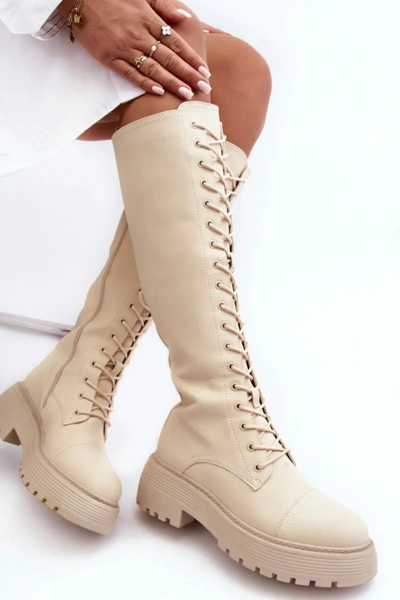 Clearance Boto Sznurowane Ocieplane Kozaki Glany Przed Kolano Beżowe Bergdis