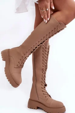 Clearance Sznurowane Ocieplane Kozaki Glany Przed Kolano Ciemnobeżowe Bergdis Damskie Kozaki Wiosenne|Kozaki Płaskie