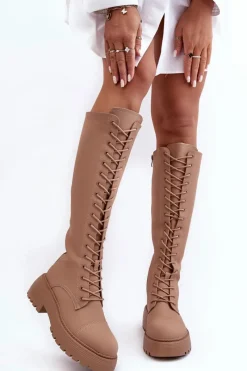 Clearance Sznurowane Ocieplane Kozaki Glany Przed Kolano Ciemnobeżowe Bergdis Damskie Kozaki Wiosenne|Kozaki Płaskie