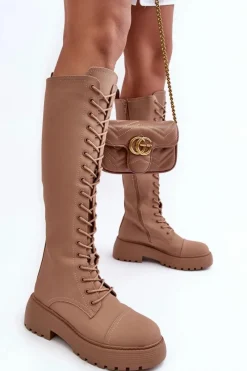 Clearance Sznurowane Ocieplane Kozaki Glany Przed Kolano Ciemnobeżowe Bergdis Damskie Kozaki Wiosenne|Kozaki Płaskie