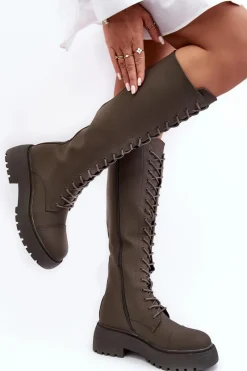 Boto Sznurowane Ocieplane Kozaki Glany Przed Kolano Ciemnozielone Bergdis