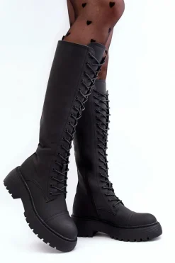 Kozaki Wiosenne|Kozaki Płaskie>Boto Sznurowane Ocieplane Kozaki Glany Przed Kolano Czarne Bergdis