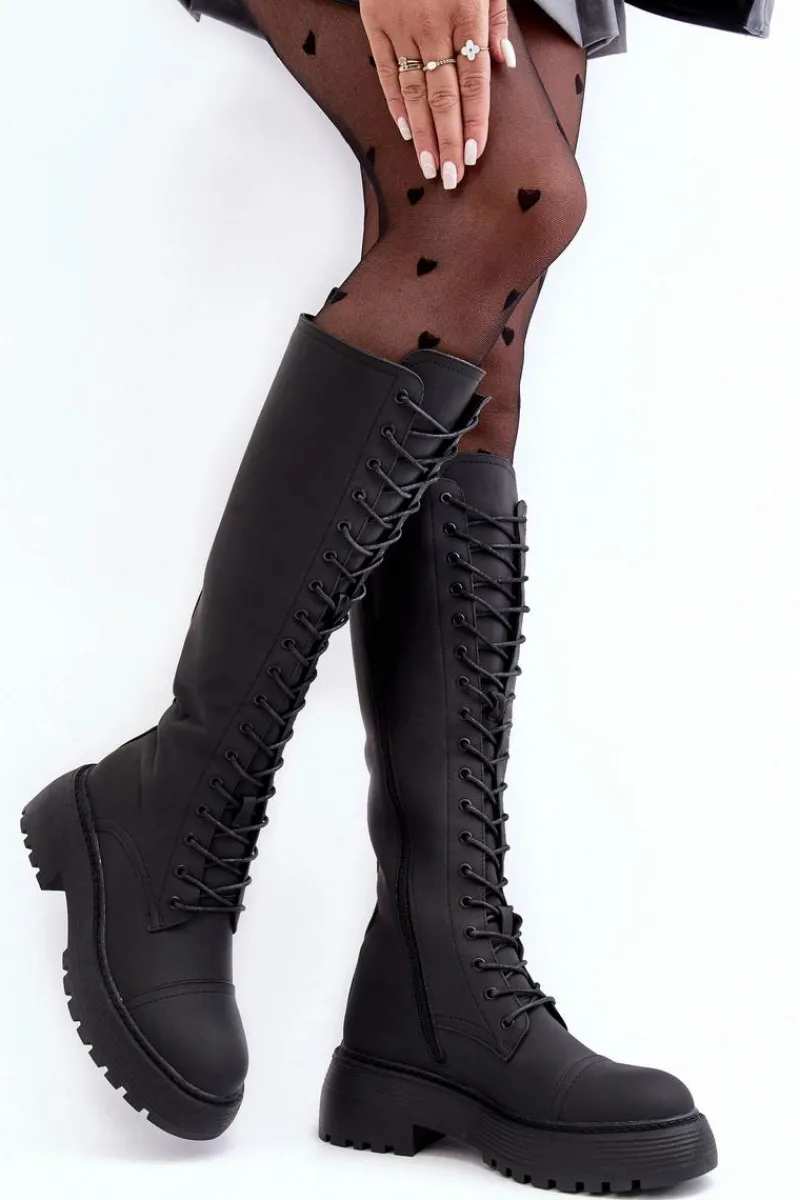 Kozaki Wiosenne|Kozaki Płaskie>Boto Sznurowane Ocieplane Kozaki Glany Przed Kolano Czarne Bergdis