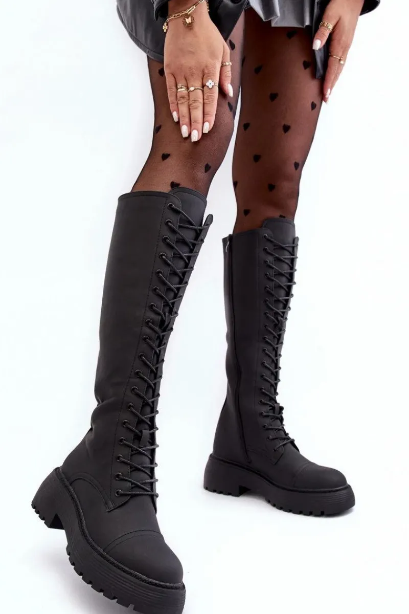 Kozaki Wiosenne|Kozaki Płaskie>Boto Sznurowane Ocieplane Kozaki Glany Przed Kolano Czarne Bergdis