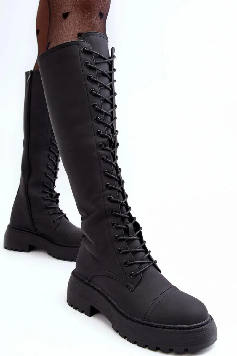 Kozaki Wiosenne|Kozaki Płaskie>Boto Sznurowane Ocieplane Kozaki Glany Przed Kolano Czarne Bergdis