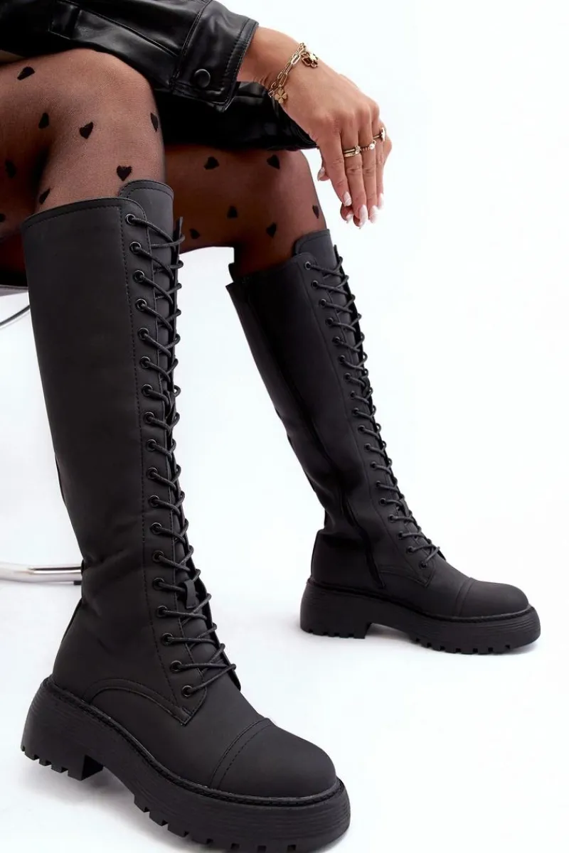 Kozaki Wiosenne|Kozaki Płaskie>Boto Sznurowane Ocieplane Kozaki Glany Przed Kolano Czarne Bergdis