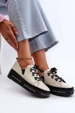 Sznurowane Półbuty Damskie Na Platformie Skóra Naturalna S.Barski LR620 Beżowe Damskie Półbuty Skórzane