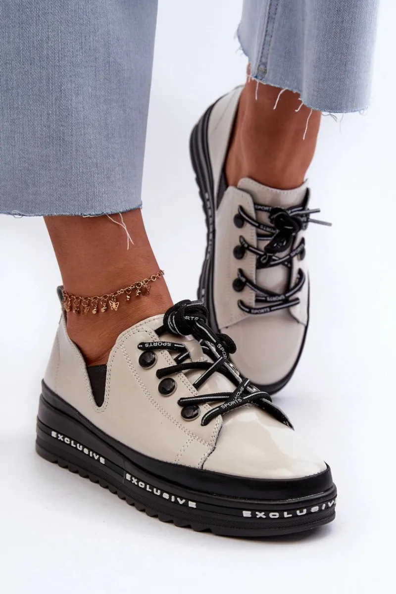 Sznurowane Półbuty Damskie Na Platformie Skóra Naturalna S.Barski LR620 Beżowe Damskie Półbuty Skórzane