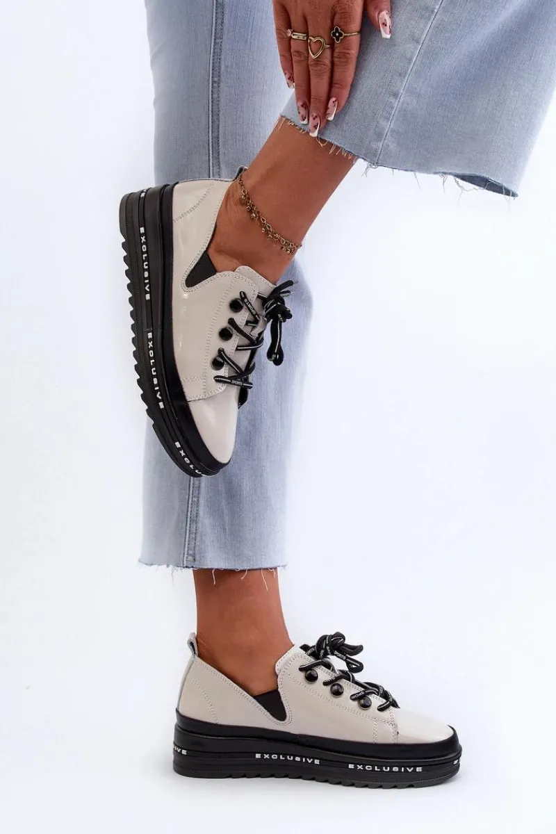 Sznurowane Półbuty Damskie Na Platformie Skóra Naturalna S.Barski LR620 Beżowe Damskie Półbuty Skórzane