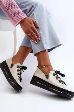 Sznurowane Półbuty Damskie Na Platformie Skóra Naturalna S.Barski LR620 Beżowe Damskie Półbuty Skórzane