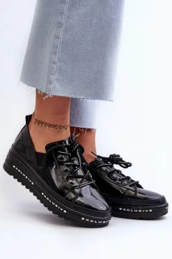 Clearance Sznurowane Półbuty Damskie Na Platformie Skóra Naturalna S.Barski LR620 Czarne Damskie Półbuty Skórzane