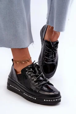 Clearance Sznurowane Półbuty Damskie Na Platformie Skóra Naturalna S.Barski LR620 Czarne Damskie Półbuty Skórzane