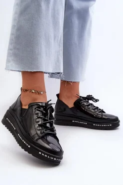 Clearance Sznurowane Półbuty Damskie Na Platformie Skóra Naturalna S.Barski LR620 Czarne Damskie Półbuty Skórzane