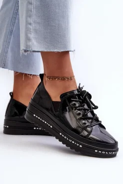 Clearance Sznurowane Półbuty Damskie Na Platformie Skóra Naturalna S.Barski LR620 Czarne Damskie Półbuty Skórzane