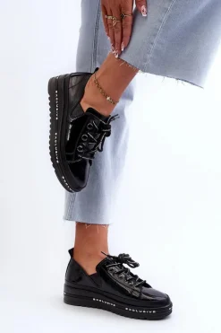 Clearance Sznurowane Półbuty Damskie Na Platformie Skóra Naturalna S.Barski LR620 Czarne Damskie Półbuty Skórzane