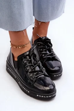 Clearance Sznurowane Półbuty Damskie Na Platformie Skóra Naturalna S.Barski LR620 Czarne Damskie Półbuty Skórzane