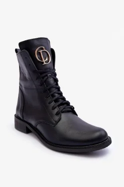 Botki Wiosenne|Botki Skórzane>Boto Sznurowane Skórzane Botki Z Ozdobą Czarne Nicole 2750