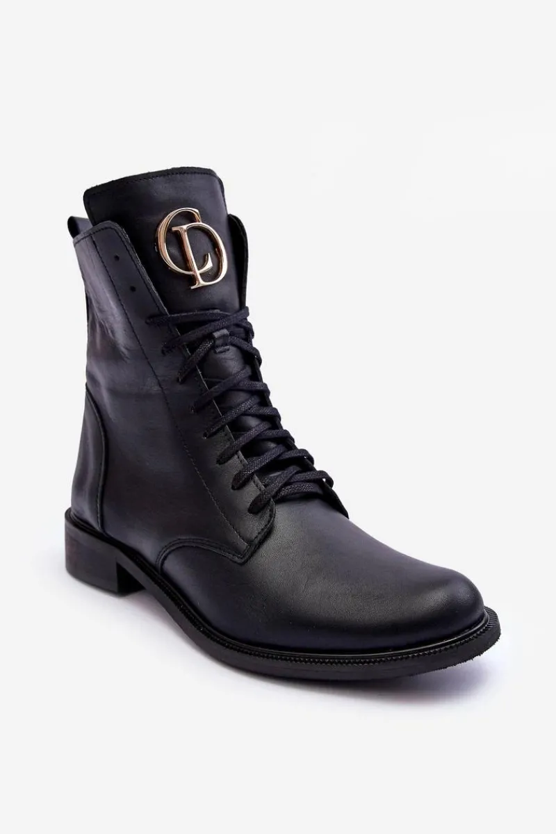 Botki Wiosenne|Botki Skórzane>Boto Sznurowane Skórzane Botki Z Ozdobą Czarne Nicole 2750