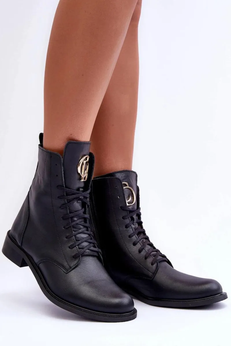 Botki Wiosenne|Botki Skórzane>Boto Sznurowane Skórzane Botki Z Ozdobą Czarne Nicole 2750
