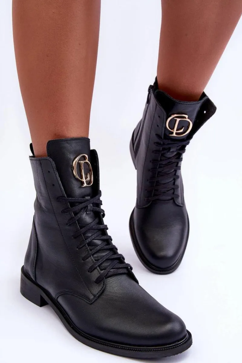 Botki Wiosenne|Botki Skórzane>Boto Sznurowane Skórzane Botki Z Ozdobą Czarne Nicole 2750