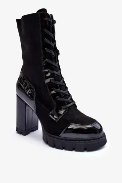 Best Sznurowane Skórzane Botki Na Masywnym Słupku Czarne Khariah Damskie Botki Ocieplane|Botki Na Słupku