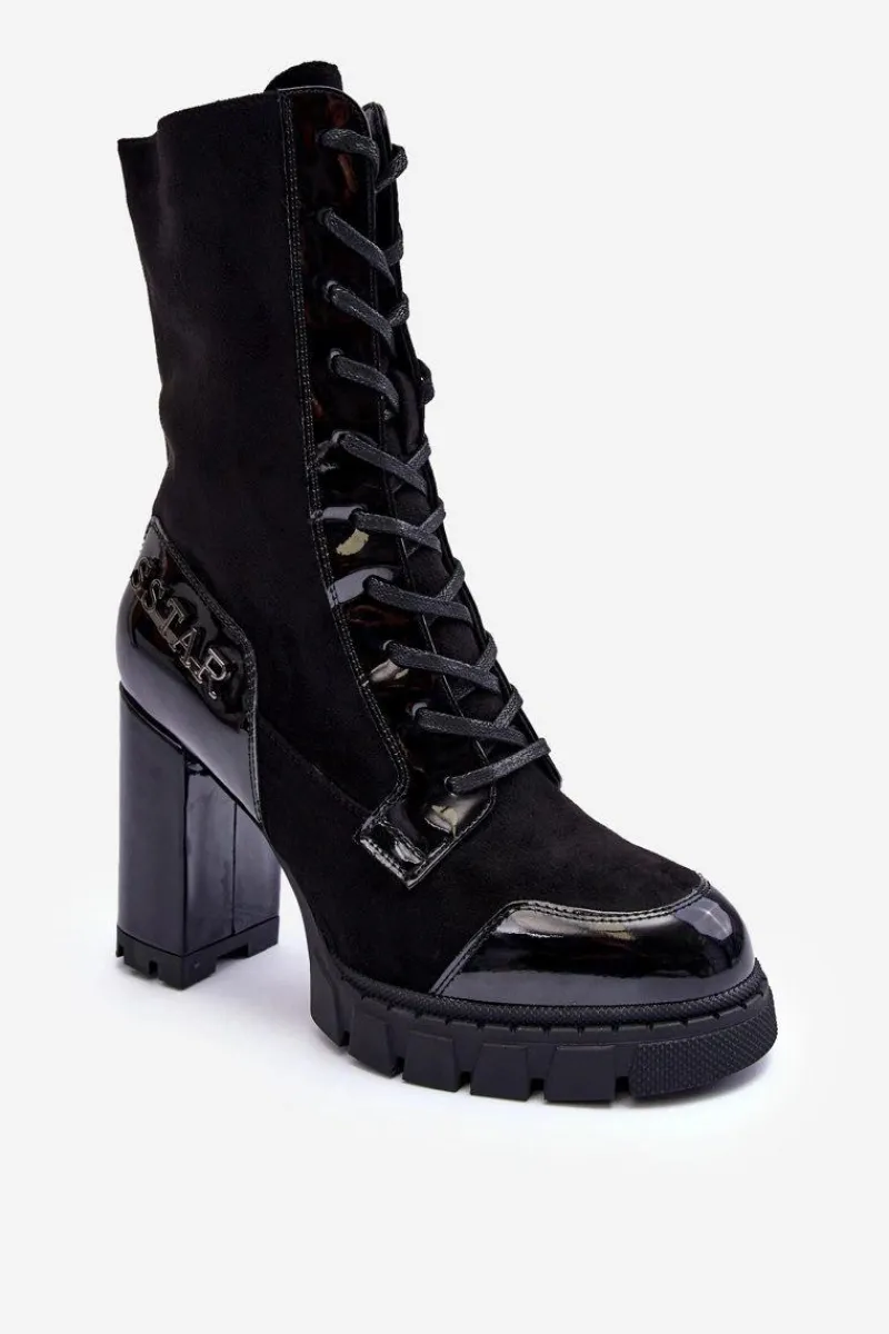 Best Sznurowane Skórzane Botki Na Masywnym Słupku Czarne Khariah Damskie Botki Ocieplane|Botki Na Słupku